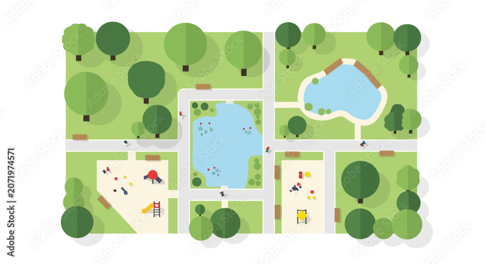 Naklejka premium Top View of a City Park with Pond, Playground, and Walking Paths
