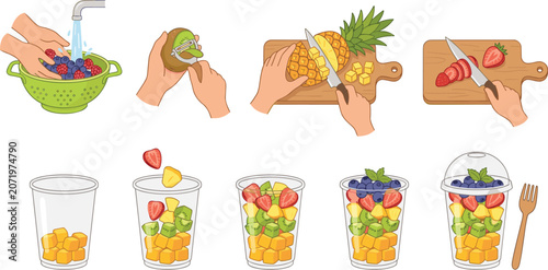 Canvastavla Fresh Fruit Salad Cup Preparation Steps Vector Illustration with Hands Washing B