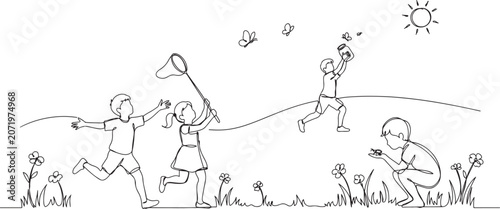 Fotografi Continuous one line drawing cute little boys and girls catches butterfly