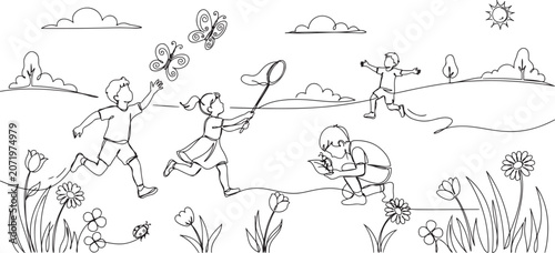Canvas-taulu Continuous one line drawing cute little boys and girls catches butterfly