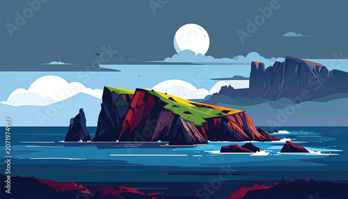 Illustration of rocky island landscape.