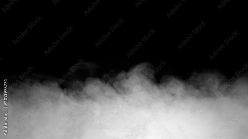Fototapeta premium Realistic white fog isolated on black background with soft drifting mist, dense vapor texture and atmospheric smoke effect. Low-lying fog overlay ideal for photo compositing, cinematic scenes,