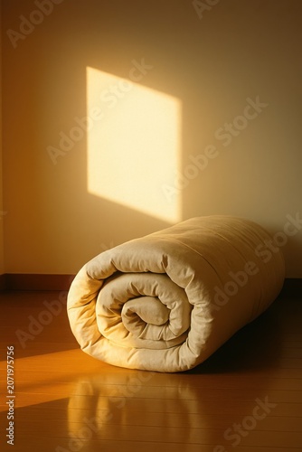 Simple japanese style bedroom interior featuring a folded beige sleeping mat