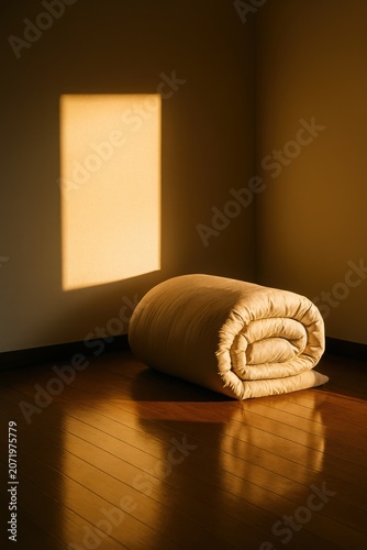 Peaceful atmosphere created by a rolled bedding item on wooden floor