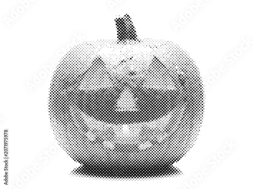Carved Jackolantern Pumpkin in Halftone Halloween Style with Retro Vintage Spooky Autumn Scary Face.