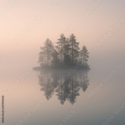 Minimalist Zen landscape of misty island perfectly reflected in calm water