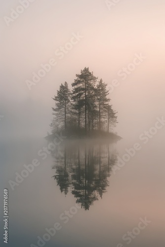 Tranquil foggy scene of isolated trees mirrored in still waters