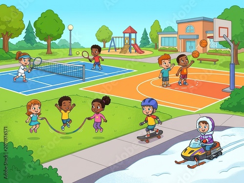 Children Playing Sports and Riding Skates at Outdoor Playground in Sunny Park