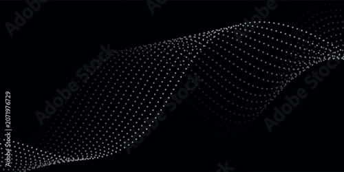 Wave dots abstract pattern. Flow of white curved dotted lines vector illustration isolated on black background. Dynamic shiny swirl backdrop. Digital, technology, ia, music, modern design element.