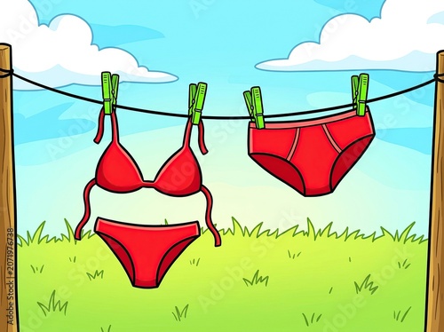 Bright Red Bikini and Underwear Hanging on Clothesline in Outdoor Park Scene