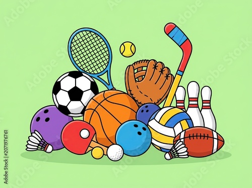Colorful Sports Equipment Collection Featuring Soccer Ball Tennis Racket and Baseball