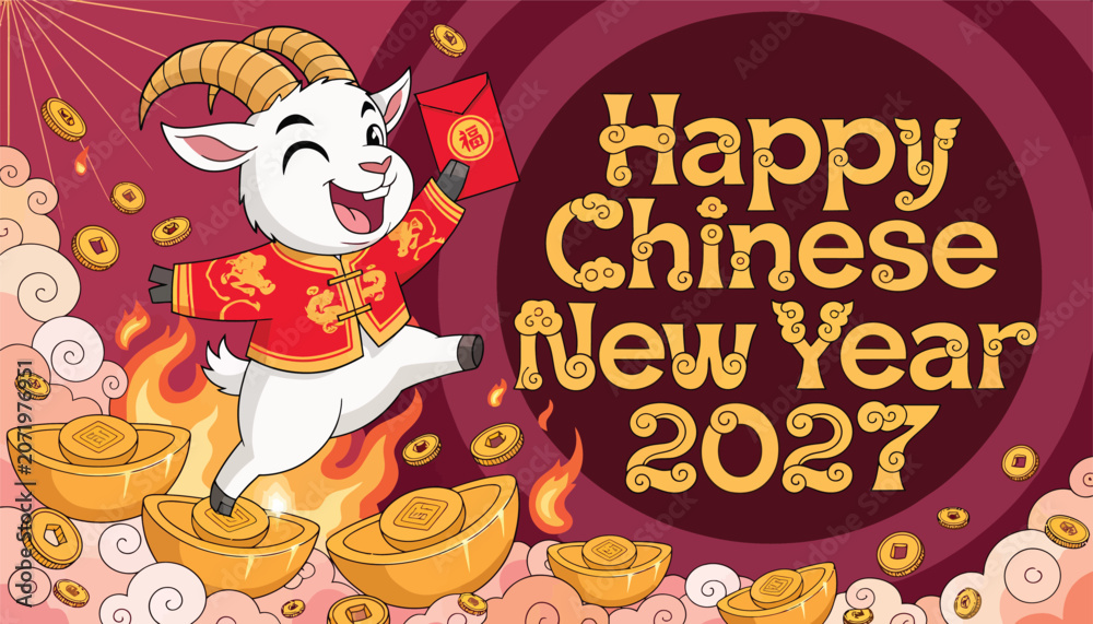 Fototapeta premium Happy Chinese New Year 2027 greeting card with cute cartoon goat holding a red envelope and jumping on gold ingots