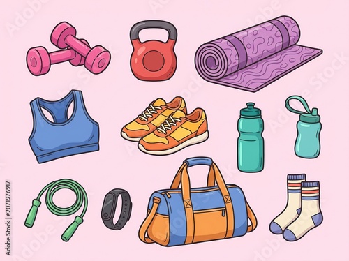 Colorful Fitness Equipment and Accessories for Workout and Exercise