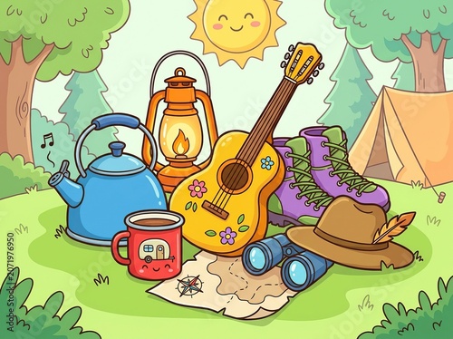 Colorful Camping Scene with Guitar Lantern Boots Hat Mug and Binoculars in Sunny Forest