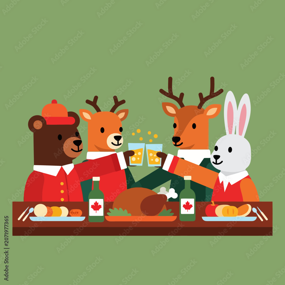 Fototapeta premium Cute Animals Celebrating Together at a Festive Dinner.