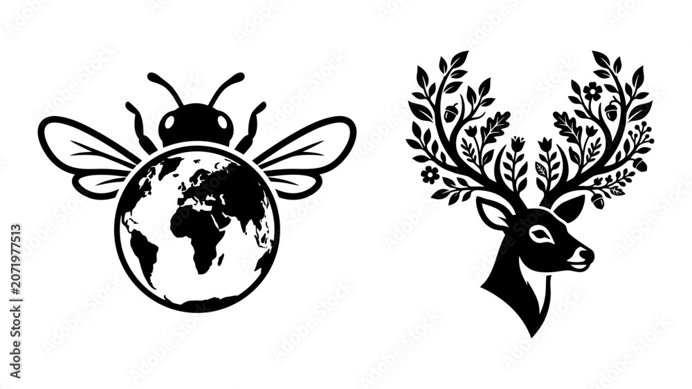 Fototapeta premium Eco friendly vector icons set with bee globe and deer head with leafy branch antlers for environmental conservation branding