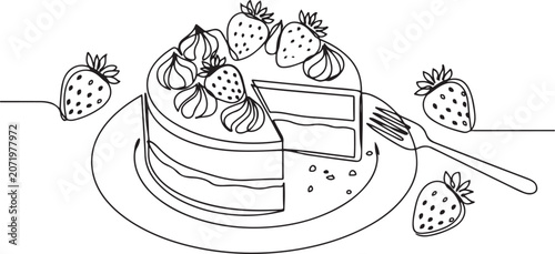 Canvastavla Single line drawing of a slice of strawberry shortcake with missing slice on a plate with a fork and loose strawberries, indicating it's ready to be eaten