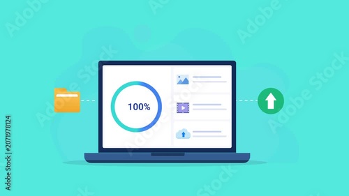 Animated flat vector illustration of a laptop displaying a cloud file upload dashboard with progress indicator, folder, and upload icons. Modern cloud storage, file transfer, and workflow technology c