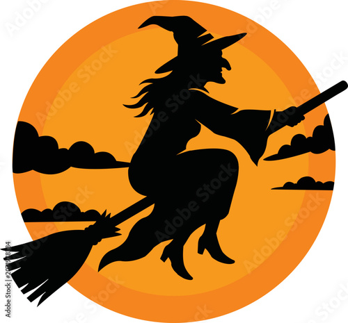 Photos Silhouette of a witch flying on a broomstick against a full moon