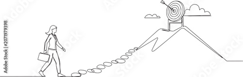 Valokuva Woman approaches mountain with bullseye target board in continuous line draw, celebrating National Productive Business Civility Day