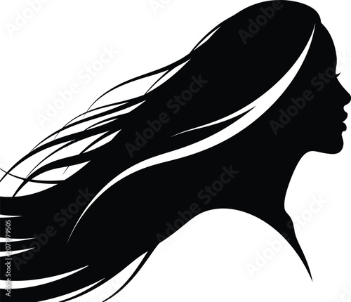 Elegant woman profile silhouette with flowing hair vector illustration