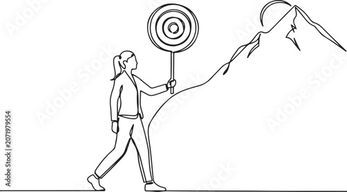 Photos Woman approaches mountain with bullseye target board in continuous line draw, celebrating National Productive Business Civility Day