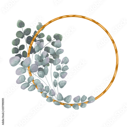Wooden wreath decorated with Eucalyptus branches, watercolor botanical Illustration 