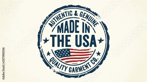 USA made, authentic garment stamp, vector label, quality textile badge, American flag emblem