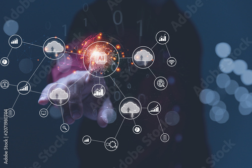 Business Professional Interacting with Global Artificial Intelligence Ecosystem.