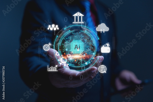 A businessman holds a circuit board AI with tech icons, cloud networks, security targets, and bank architectures.