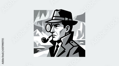 Tableau sur toile Detective searching with magnifying glass and pipe