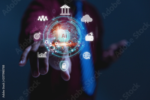 Business Professional Activating Global Cloud-Based AI Financial System.