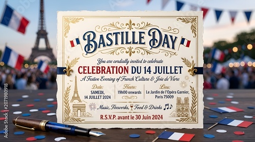 Bastille Day Invitation: Celebration du 14 Juillet with Eiffel Tower & French Flags