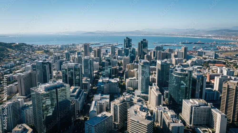 Obraz premium Aerial view of modern city skyline by the sea.