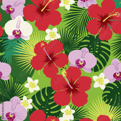 Tropical flower pattern with hibiscus, orchids, and plumeria in vibrant colors on a lime green background. Floral design with lush greenery, perfect for use in textile design.