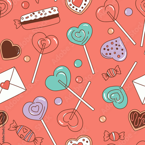 Cute heart-shaped sweets and cookies pattern on a coral background. A seamless design featuring assorted candies, lollipops, cookies, and a letter, all in a simple, outlined style.
