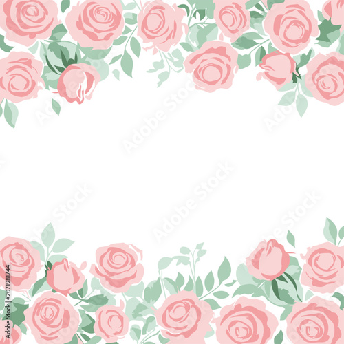 Pink rose floral border design with soft color palette. Elegant floral pattern with delicate rose blossoms and green leaves arranged in a horizontal border.