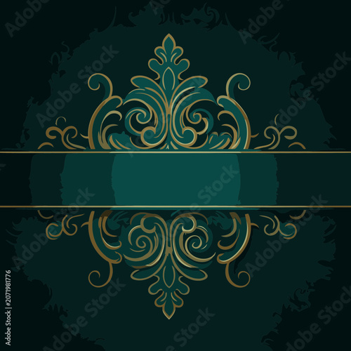 Emerald green background with golden decorative design. Ornate scrollwork and embossed patterns with a teal horizontal banner.
