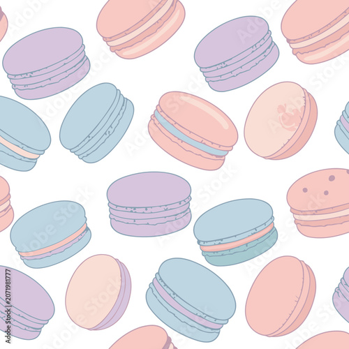 Pastel macarons in various colors with decorative patterns on a white background. Colorful and delicious looking pastries with a range of designs create a visually appealing seamless pattern.