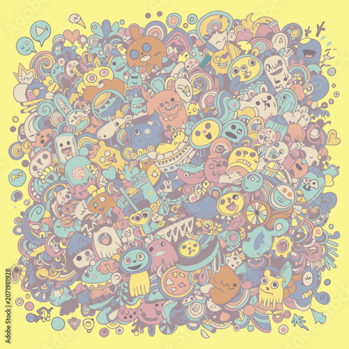 Cute, colorful collection of whimsical monsters and creatures in a vibrant, pastel-colored design. A variety of cartoon characters fill the image with a zany, hand-drawn style.