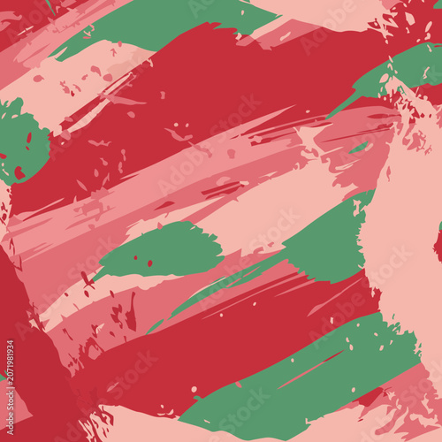 Abstract paint stroke design with a variety of red, pink and green hues. Diagonal brush strokes create a dynamic abstract pattern with splatters in a repeating pattern.