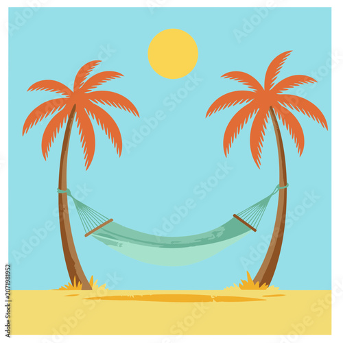 Relaxing hammock between palm trees on a sunny beach. Vacationer resting in a hammock beneath tropical palms on a light-blue sky background.