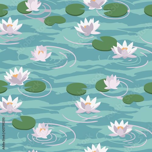 Water lilies floating on a teal colored pond surface. Peaceful, nature-based seamless pattern. No demographic, role, or specific location.