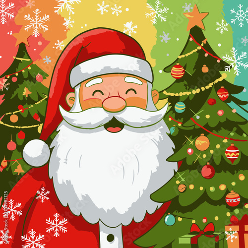 Santa Claus, cheerful adult male, in traditional red Christmas attire, happily smiling, amidst colorful Christmas trees and snow.