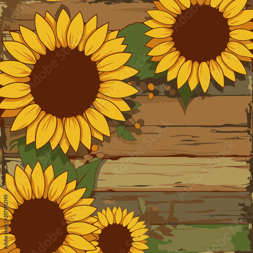 Floral sunflower design on rustic wood background. Detailed illustration with sunflowers, leaves, and berries arranged decoratively.