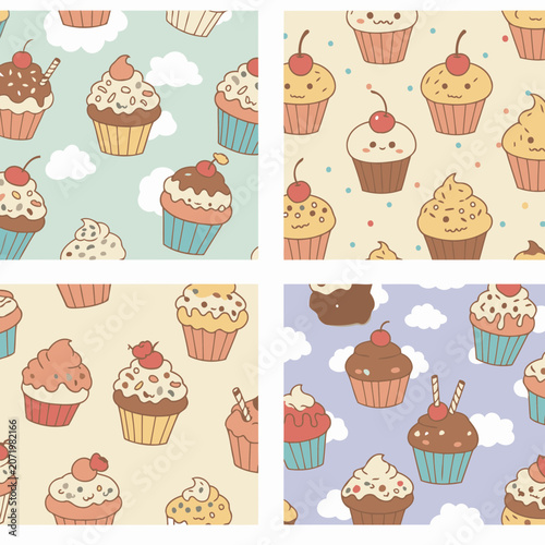 Cute cupcake patterns with various fillings and toppings. Repeating design of cupcakes with happy expressions in pastel backgrounds.