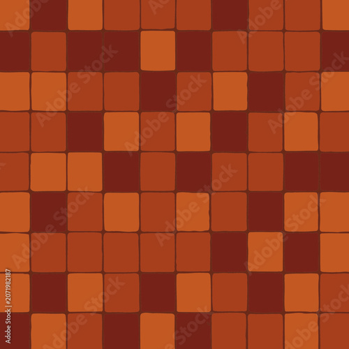 Terracotta square tiles with a textured pattern in a repeating square grid. A view of the floor tiles in a kitchen or bathroom. Abstract decorative surface design. illustration.