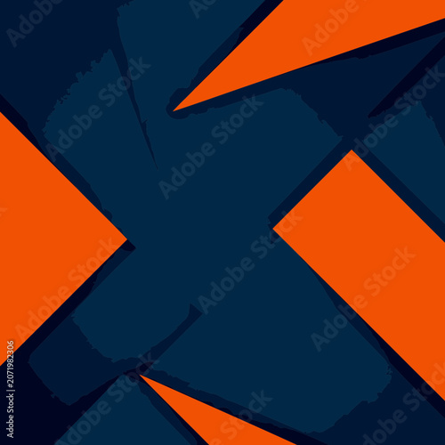 Abstract geometric design with layered triangles and rectangles in navy blue and orange colors. Modern and contemporary design with a dynamic composition.