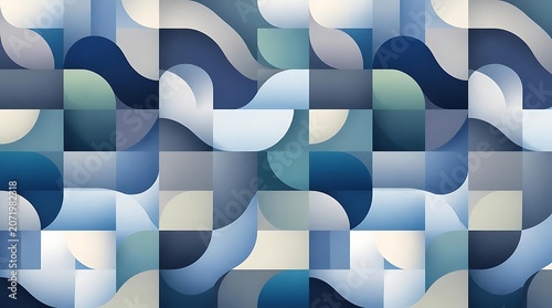 Abstract geometric pattern with blue and grey curved shapes creating a modern seamless background.