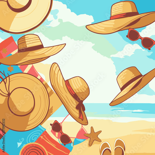 Summer beach accessories for women on a sandy beach scene. Straw hats, sunglasses, and swimwear accessories are scattered on the shore. Female fashion items with beach scene -